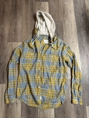 American Eagle Jacket Mens XS Yellow Hoodie Drawstring Plaid Button Up - Image 1 of 2