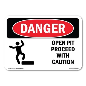 Open Pit Proceed With Caution ANSI Danger Sign Metal Plastic Decal - Picture 1 of 5