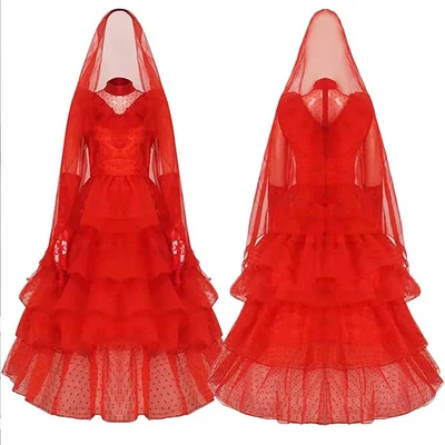 Lydia Deetz Red Wedding Dress Costume with Gloves Veil Gothic Beetle Bride Cospl - Image 1 of 4