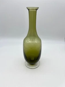 Blown Glass Smoky Avocado Green Bottle Style Vase with Clear Pedestal Base 11.5" - Picture 1 of 5