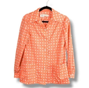 Vintage 60s Nancy Greer MOD Shirt Size 10 Orange White Polka-dot Long Sleeve - Picture 1 of 12