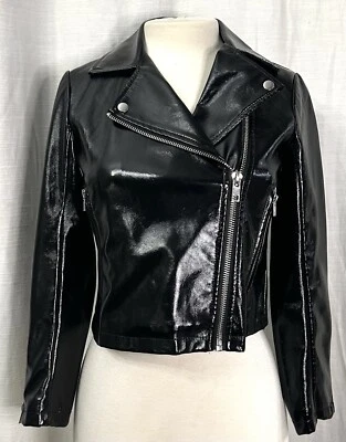 Chaqueta de motociclista recortada de poliéster negra Topshop para mujer talla 0 bolsillo con cremallera Foto 1 de 4