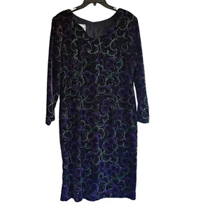 Another Thyme Black Velvet Purple Green Glitter Long Sleeve Midi Dress Vtg - Picture 1 of 12