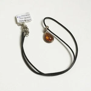 925 Sterling Silver Baltic Amber Teardrop Pendant Black Cord Necklace - Picture 1 of 4