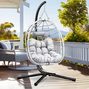 Teardrop Egg Chair Hanging Wicker Hammock Patio Chairs w/ Steel Stand + Cushion - Picture 1 of 13