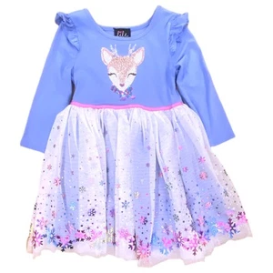 Girls Blue Sweatshirt Dress Sparkly Snowflakes & Reindeer Christmas 5 - Picture 1 of 1