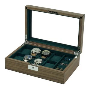 8 Slots Walnut Wooden Watch Box with Cufflinks Storage - Picture 1 of 9