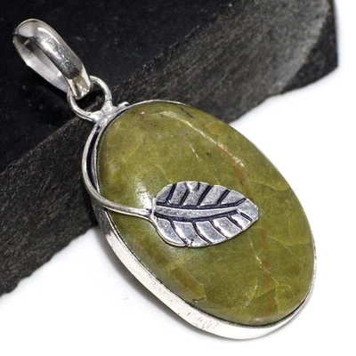 Leaf Australian Green Opal 925 Silver Plated Pendant 2" Women Jewelry JW - Image 1 of 3