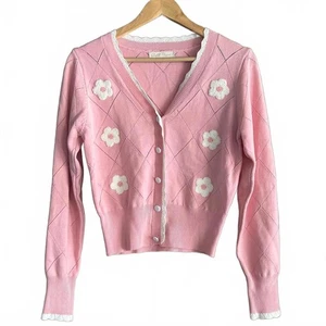 Belle Poque Pink Womens Cardigan Embroidered Size S Pink White Floral Cottage - Picture 1 of 7