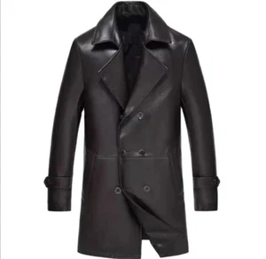 Mens 80s 90s Black Leather Trench Coat Genuine Lambskin Winter Fashion Outerwear - Picture 1 of 4