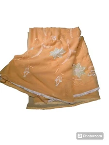 Peach & Cream Synthetic Saree Sari Embroidered Flowers Scalloped Edge AS IS - Picture 1 of 11