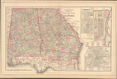 1884 Georgia & Alabama county map by Mitchell antique ~22.4" x 15" Savannah - Image 1 of 2