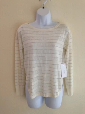 NEW Athleta Mix It Up Sweater XS Athletic Cotton Linen Top Striped Ivory #X20 - Image 1 of 4