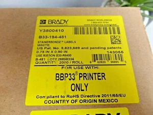 New BRADY B33-194-481 Label Roll,White, Labels/Roll: 2000 for BBP33 PRINTER ONLY - Picture 1 of 7