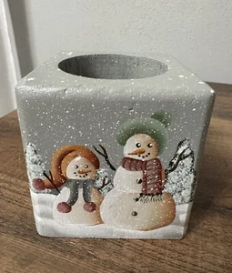 Hand Painted Block Of Wood Votive Candle Holder Winter Scene Snowman Snowmen - Picture 1 of 11
