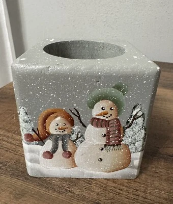 Hand Painted Block Of Wood Votive Candle Holder Winter Scene Snowman Snowmen - Image 1 of 4