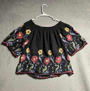 Feratelli Top Womens XL Black Floral Embroidered Blouse Flared Sleeve - Picture 1 of 15