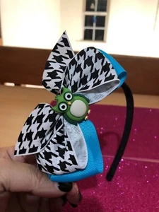 Mädchen Stirnband Eule mit Schleife schwarz, weiß, grün und blau - Bild 1 von 4