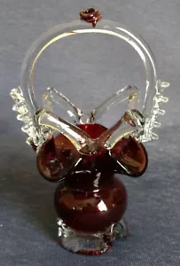 Unique Hand Blown Glass ~ RUBY RED RUFFLED BASKET ~ Clear Base, Handle, and Trim - Picture 1 of 8