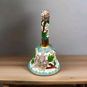 Vintage Miniature Brass Cloisonne Enamel Small Chinese Hand Bell Blue Flowers - Picture 1 of 9
