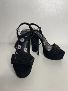 Juicy Couture Trice Rhinestone Platform Heels 7 1/2US Black Open Toe Ankle Strap - Picture 1 of 5