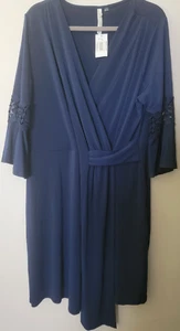 NY Collection Womens Navy Blue Midi Faux Wrap Crochet Lace Sleeves Knit Dress 2X - Picture 1 of 13
