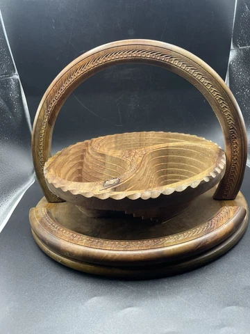 Collapsible Wooden Trivet Bowl Basket Hand Crafted Ornate Carved Wood Cover