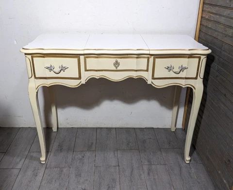 Vintage French Provincial Cream/Gold Wood Vanity Writing Desk Table 2-Drawer Cover