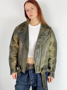 Oversized Distressed 100% Real Leather Jacket – Unisex Vintage Moto Style 90s - Picture 1 of 5