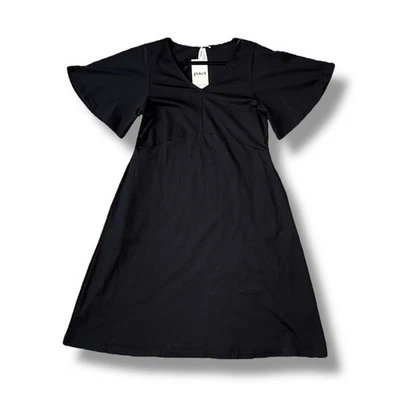 Pact Black Organic Cotton V-Neck Midi Dress Flare Sleeve Casual - Image 1 of 4