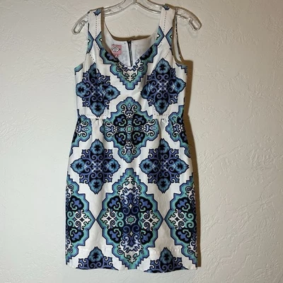 Vestido Phoebe Couture 6 Azul Verde Estampado Geométrico Funda Mezcla Algodón Cremallera Espalda Foto 1 de 4