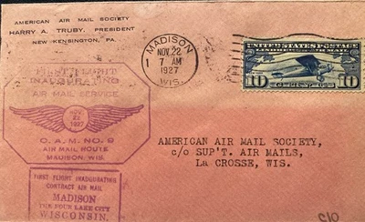 US FIRST FLIGHT 1927 CAM #8 MADISON WISCONSIN TO LA CROSS WISCONSIN 22 NOV 1927 - Image 1 of 4