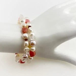 HONORA Pearl Bracelets Stretch Set of 2 White Pearl Pink Gemstone QVC - Picture 1 of 12