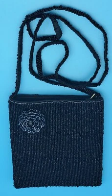 Crossover Bag Beaded Vintage Shoulder Black Evening  Classy Beaded Glass  Flower - Image 1 of 4