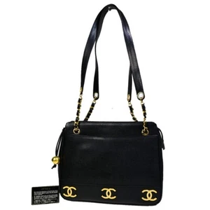 CHANEL Triple CC Logo Chain Shoulder Tote Bag Caviar Leather BK Vintage 645RJ839 - Picture 1 of 21