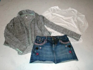 Girls Gap Denim Jean Skirt 90 Degree Gray Cardigan Cat & Jack White Shirt 10 EUC - Picture 1 of 12