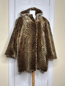 Dennis Basso  ZIP front  Faux Leopard Fur Hooded Coat  Knee Length  Large - Picture 1 of 6