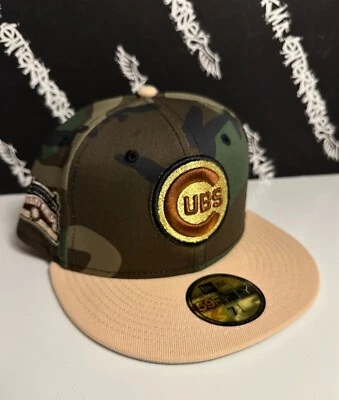 NWT New Era Chicago Cubs WOODLAND CAMO Gold Logo Wrigley Field Patch Fitted Hat - Image 1 of 3