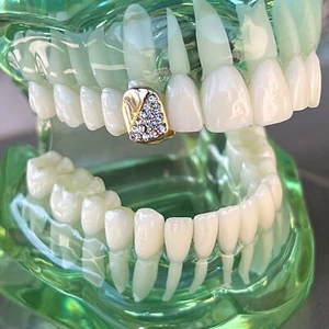 14k Gold Plated Grillz Single Cap Half Stone Iced Grill One 1 Tooth Simulated CZ - Picture 1 of 3