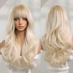 Platinum Blonde Hair Wigs with Bangs for Women Long Wavy Synthetic Wigs Natural - Picture 1 of 6