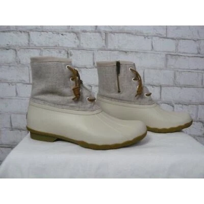 Sperry Satlwater Linen Wool Duck Boots Off White Zip & Lace Up 8 NEW S448 - Image 1 of 4