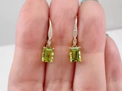 2 Ct Emerald Cut Lab-Created Peridot Dangle Drop Earrings 14K Yellow Gold Plated - Image 1 of 4