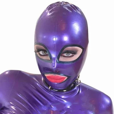 Metallic Purple Latex Rubber Hood Open Eyes and Mouth Fetish Mask Back Zipper - Image 1 of 3