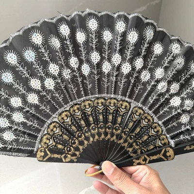 Vintage Handheld Folding Hand Fan Black Gold Silver  Sequins 9x17” Open - Image 1 of 4