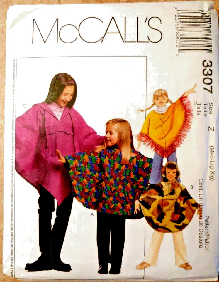 McCall's Sewing Pattern 3307 Girls 7-8-10-12-14-16 Girl's Poncho & Pullon Pants - Image 1 of 4