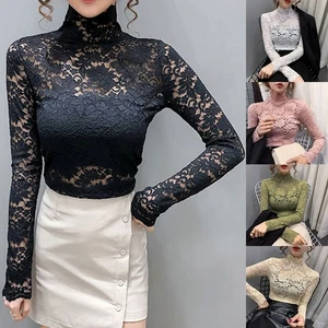 Hollow lace base shirt for slimming, half high neck slim fit top - Picture 1 of 16