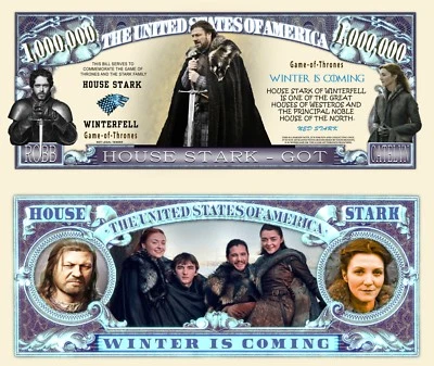Game of Thrones House Stark Million Dollar Bill Funny Money Novelty FREE SLEEVE