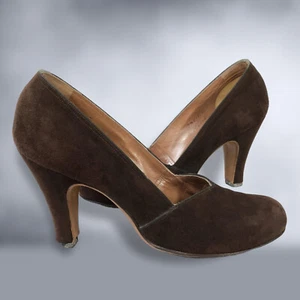 VINTAGE 40s Brown Suede Babydoll High Heel Pumps 7 Pandora Footwear Shoes VFG - Picture 1 of 10