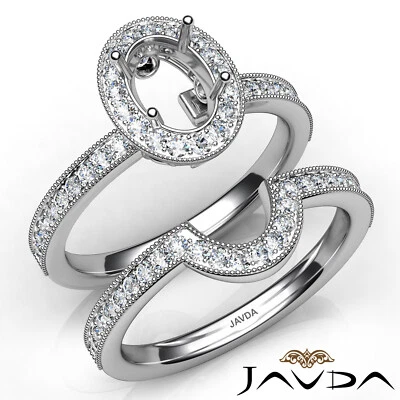 Milgrain Diamond Engagement Ring Oval Halo Pave Bridal Set Semi Mount 1 Carat - Image 1 of 4