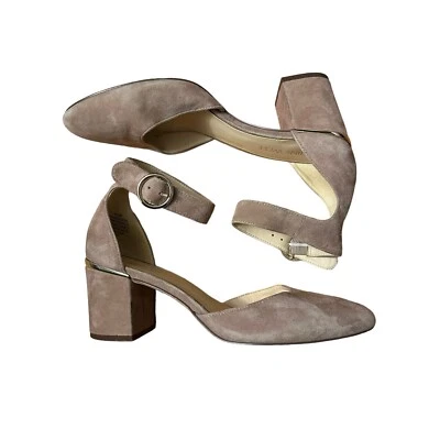 Nine West Talla 6.5 M Addison Tostado/Crema Gamuza Tobillo Correa Gruesa Oro Bloque Tacones Foto 1 de 4